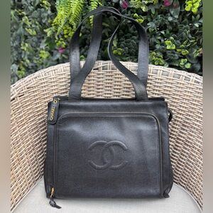 Authentic CHANEL Executive black caviar leather front pocket tote bag